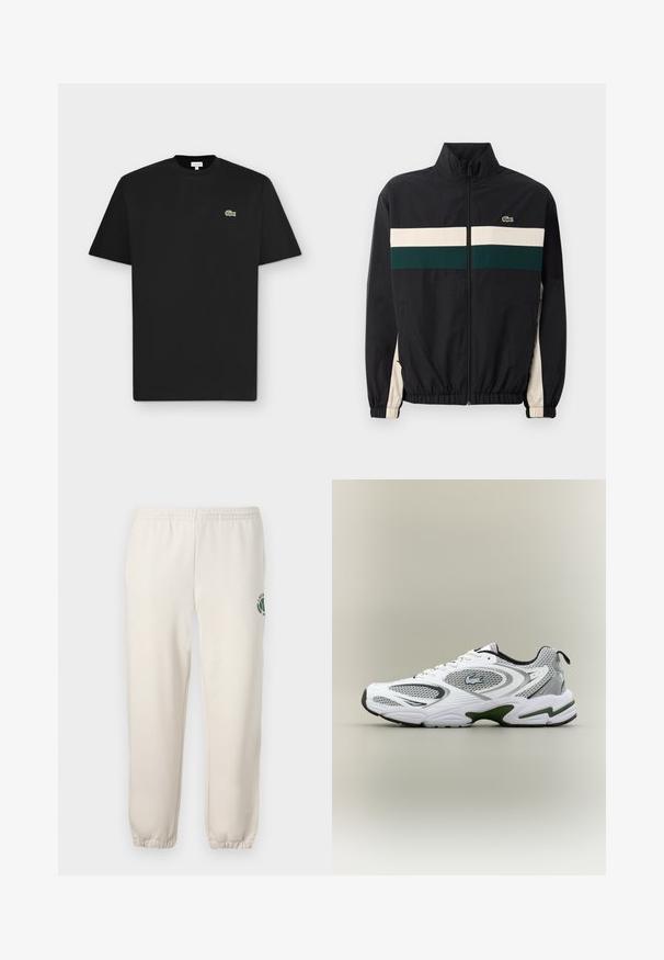 Veste noire avec un col montant, ornée de rayures horizontales vertes et crème. Le matériau semble léger ; comprend des poignets élastiques et un logo.; T-shirt noir à manches courtes avec col rond et petit logo crocodile vert sur le côté gauche de la poitrine sur fond gris clair.; Pantalon de jogging beige clair en coton, doté d'une taille élastique, de poignets en côtes et d'un logo vert avec un design de feuille sur la jambe gauche.; Baskets de course blanches et grises avec des panneaux en mesh, accents verts, détails noirs et un logo sur le côté, présentées par l'extérieur.