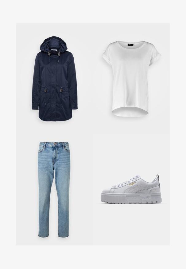 Chaqueta impermeable de color marino con capucha, dos bolsillos frontales, cordones ajustables, textura suave y detalles en hardware en tono plateado.; Camiseta blanca de manga corta con cuello redondo, dobladillo trasero ligeramente más largo, tejido de algodón suave y mangas enrolladas. Sin estampados visibles.; Vaqueros azul claro de tiro alto y pierna recta con cierre frontal de botón y cremallera, bolsillos delanteros y sutiles detalles descoloridos.; Zapatillas de plataforma blancas con parte superior de cuero suave, cuello acolchado, suela de goma gris y detalles dorados que presentan el logo de Puma.