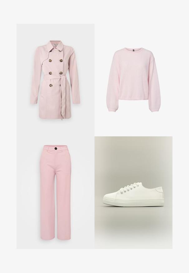Lyserød trenchcoat med lange ærmer, dobbeltradet front, store brune knapper og et matchende bælte i taljen. Glat stoftekstur.; Lyserød strikket sweater med lange ballonærmer, ribstrikkede manchetter, rund halsudskæring og let kortet kant.; Lys rosa bred benbukser med en glat tekstur, der har en sort knap og et klassisk talje design. Ingen ekstra lommer synlige.; Hvid lavtop sneaker med hvide snørebånd og gummisål vist fra siden på en neutral baggrund.