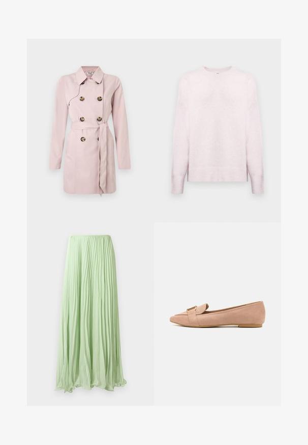 Lyserød trenchcoat med lange ærmer, dobbeltradet front, store brune knapper og et matchende bælte i taljen. Glat stoftekstur.; Lys pink langærmet sweater med rund hals. Har ribbede manchetter og kant, blød tekstur og afslappet pasform. Glat stoffinish.; Lys grøn plisseret lang skirt lavet af let stof med elastisk talje, præsenteret mod en hvid baggrund.; Lyserøde ruskindsflade sko med spids tå, der har en fold-over detalje og guldspænde. Lav, flad sål. Glat tekstur.
