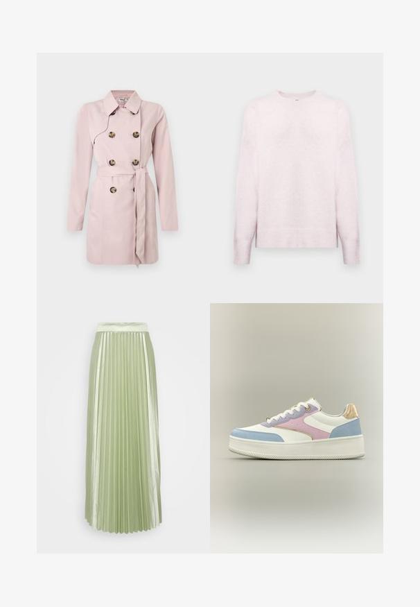 Lyserød trenchcoat med lange ærmer, dobbeltradet front, store brune knapper og et matchende bælte i taljen. Glat stoftekstur.; Lys pink langærmet sweater med rund hals. Har ribbede manchetter og kant, blød tekstur og afslappet pasform. Glat stoffinish.; Faldel med plisseringer i lysegrøn satinvævet med en bred talje, der skaber en glat, flydende silhuet.; Hvid platform-sneaker med pastelfarvede paneler i blå, pink og lavendel, hvide snørebånd og metalisk guldet detalje på hælen mod ensfarvet baggrund.