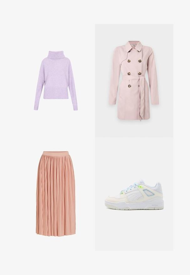 Lichtroze trenchcoat met lange mouwen, dubbele knoopsluiting aan de voorkant, grote bruine knopen en een bijpassende riem in de taille. Gladde stoftextuur.; Lila trui met een hoge geribbelde col, drop shoulders en geribbelde zoom. Gemaakt van zachte stof met een soepele textuur.; Lichtroze midi-rok met plooien en een brede tailleband, gemaakt van lichtgewicht stof, weergegeven tegen een witte achtergrond.; Witte sneaker met lichtblauwe en neon groene accenten. Gemaakt van glad leer en mesh, met een gevoerde kraag en gestructureerde zool.