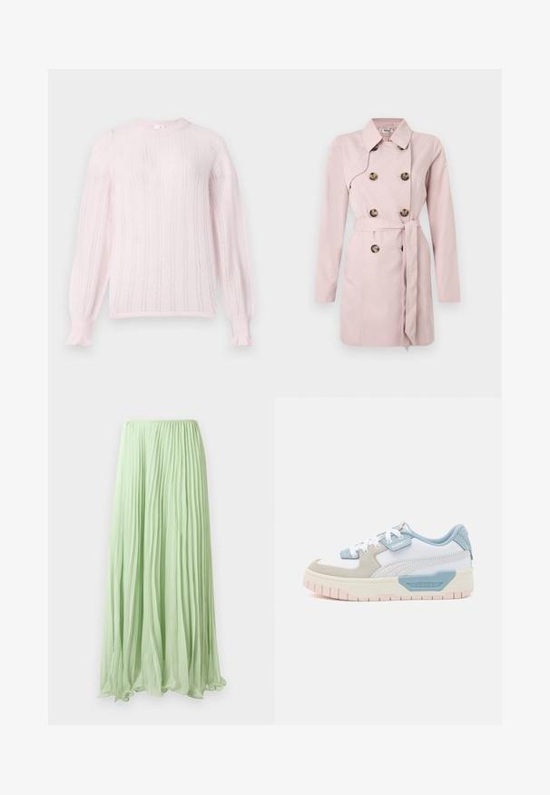 Gabardina rosa claro con mangas largas, cierre de doble botonadura, grandes botones marrones y un cinturón a juego en la cintura. Textura de tela suave.; Suéter de punto rosa claro con cuello redondo, que presenta rayas verticales, puños acanalados y detalles de volantes en los extremos de las mangas.; Falda larga plisada verde claro con tela fluida y cinturilla elástica, exhibida contra un fondo blanco.; Zapatillas con una parte superior de cuero blanco, acentos en azul claro, paneles de ante beige y una suela de goma texturizada en rosa; logo bordado en el costado.