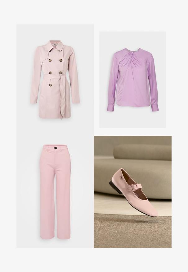 Vaaleanpunainen trenssitakki, jossa pitkät hihat, kaksirivinen etuosa, isot ruskeat napit ja vyö vyötäröllä. Sileä kangaspinta.; Twist & Tango BRENDA BLOUSE - Pusero - lilac; Vaaleanpunaiset leveälahkeiset housut, joissa on sileä pinta, musta nappi ja klassinen vyötärönauha. Ei näkyviä lisätaskuja.; Vaaleanpunainen nahkainen Mary Jane -mallinen tasainen kenkä, jossa on neliön muotoinen kärki, säädettävä remmi ja solki, matala musta korko sekä sileä pinta, leijuu maton yläpuolella.