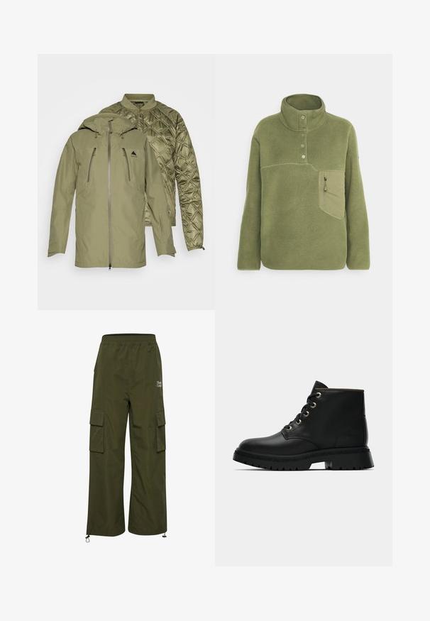 Grøn udendørsjakke med en aftagelig quiltet inderside, lynlås-lommer og justerbar hætte. Tekstureret yderskal og glat foring.; Olivengrøn fleece pullover med høj krave, tre knapper og en lynlåslomme på brystet. Blød tekstur med kontrastsyede detaljer.; TheJoggConcept JCFIA - Cargobukser - rifle green; Sort læder ankelstøvle med rund tå, guldøjer og tekstureret sål. Har polstret krave og et karakteristisk logo på siden.