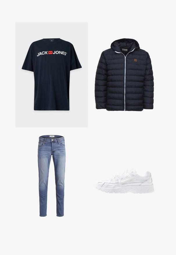 Námornícka pufovaná bunda s predným zipsom, kapucňou a prešitým panelovým dizajnom. Obsahuje hnedú nášivku s logom a biely zips. Mäkká textúra.; Čierne tričko s krátkym rukávom s bielym textom "JACK JONES" a červeným štvorcovým logom umiestneným v strede hrudníka.; Úzke modré džínsy vyrobené z denimu, s vyblednutým pr washed, piatimi vreckami a zipsom s gombíkovým zapínaním.; Nike Sportswear P 6000 - Tenisky - white/platinum tint