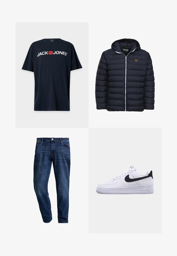 Námornícka pufovaná bunda s predným zipsom, kapucňou a prešitým panelovým dizajnom. Obsahuje hnedú nášivku s logom a biely zips. Mäkká textúra.; Čierne tričko s krátkym rukávom s bielym textom "JACK JONES" a červeným štvorcovým logom umiestneným v strede hrudníka.; Tmavomodré klasické džíny rovného strihu s predným gombíkom, zipsom a dizajnom s piatimi vreckami na bielom pozadí.; Biele kožené tenisky s textúrovaným čiernym Swooshom, plochými šnúrkami a gumovou podrážkou s ryhovaným vzorom. Na päte je embosovaný nápis "AIR".