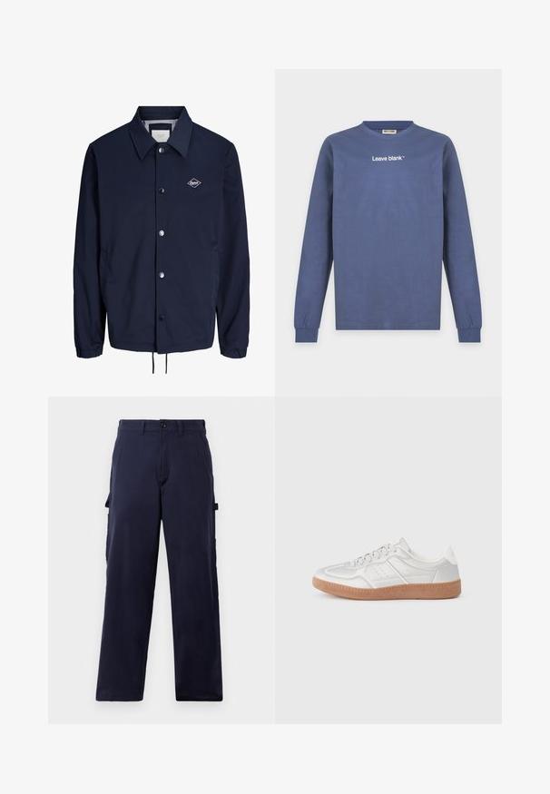 Navyblå letvægtsjakke med krave, metaltryknapper, elastiske manchetter, sidelommer og et lille diamantformet logo på brystet.; Langærmet blå t-shirt med rund hals og hvid tekst "Leave blank" centreret på brystet og elastiske manchetter på ærmerne.; Mørkeblå straight-leg bukser med bæltestropper, front knappetryk og sidelommer til redskaber, præsenteret mod en hvid baggrund.; Sølv sneakers med en glat overflade, snørebånd, perforerede detaljer og en struktureret brun gummi sål.