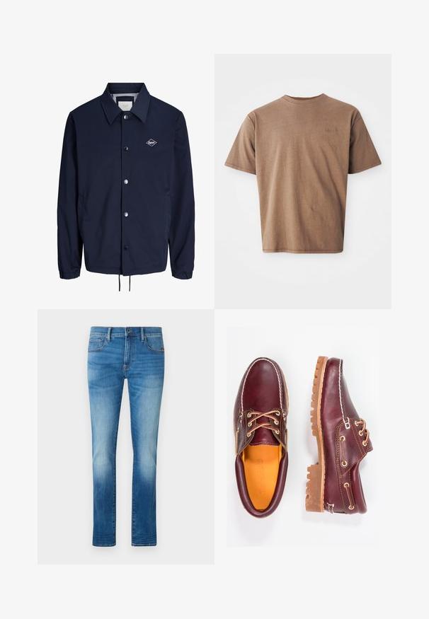Lichtgewicht marineblauw jack met kraag, metalen drukknopen, elastische manchetten, zijzakken en een klein diamantvormig logo op de borst.; Bruine katoenen t-shirt met ronde hals, korte mouwen en een discreet geborduurd logo op de linkerborst. Soepele structuur, relaxte pasvorm.; Slim-fit blauwe denim jeans met vervaagde gebieden op de bovenbenen en knieën, voorzien van zijzakken, riemlussen en knoopsluiting.; Bordeaux leren schoenen met bruine rubberen zolen, ronde neus, witte stiksels en gouden veterogen. Het interieur heeft een gele voering.