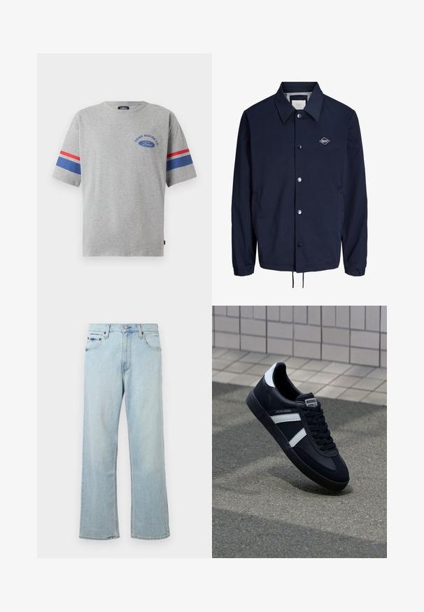 Navyblå letvægtsjakke med krave, metaltryknapper, elastiske manchetter, sidelommer og et lille diamantformet logo på brystet.; Grå bomulds t-shirt med korte ærmer, prydet med blå og røde striber på ærmerne og "Ford Motor Co" logo i blå på brystet.; Lyseblå denimjeans med en løs, bred bendesign. Har fem lommer, bæltestropper og en lynlås med knaplukning.; Sort lædersneaker med hvide striber, tekstureret gummisål og snørrebånd foran. Har et brandet mærke på tungen.