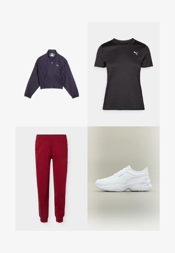 Veste courte bleu marine en tissu léger ; elle présente un col montant, une fermeture éclair devant et des poignets côtelés avec un petit logo.; T-shirt de sport noir à manches courtes, col rond, avec un logo blanc sur la poitrine. Texture lisse et coupe ajustée.; Pantalon de jogging rouge avec taille élastique et chevilles resserrées, présentant une broderie discrète du logo sur la partie supérieure de la cuisse.; Baskets blanches basses avec lacets à l'avant, semelle texturée et dessin discret cousu sur une matière supérieure lisse.