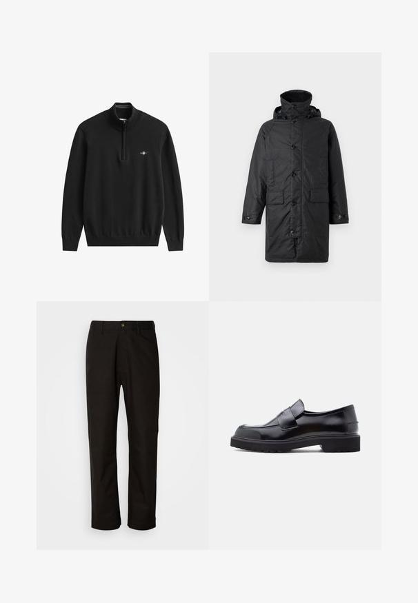 Barbour BEAUDALE WAX - Talvemantel - navy; Must neljandiku lukuga pullover, valmistatud pehmest kudumkangast. Omab soonikkoes kraed, varrukaid ja allääre ning väikest logo rinnal.; Mustad puuvillased püksid sirge lõikega, vöökohaga, esi tõmblukuga ja ühe nupuga sulgemisega. Sile tekstuur, ilma nähtavate mustriteta.; Must have nahkaste slip-on kingad, millel on voolujooneline disain, ümar nina ja paks tekstureeritud kummist põhi. Ees on dekoratiivne rihm.