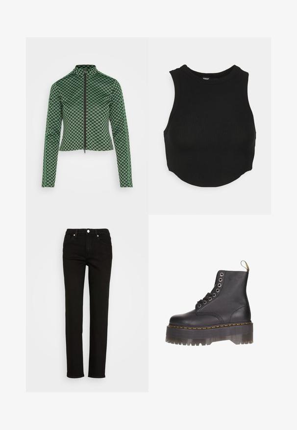 Weekday TAYLOR ZIP JACKET - Tréningová bunda - green dark; Čierny pletený cropped top s vysokým výstrihom a bezrukávovým dizajnom. Mäkká textúra, priliehavý tvar a mierne zakrivený spodný lem.; Monki Slimfit džínsy - black; Čierne kožené členkové topánky so šiestimi očkami na šnurovanie, žltým vyšívaním a priehľadnou platformou so zúbkovaným okrajom.