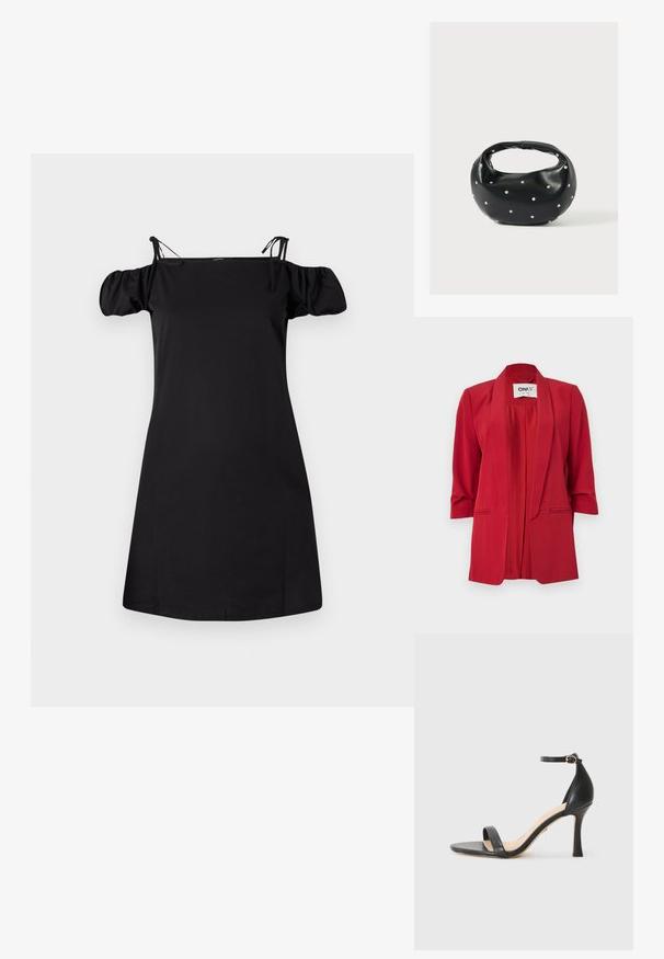 Roter Blazer aus glattem Stoff, mit Schalkragen, Dreiviertelärmeln und vorderen Taschenakzenten. Minimalistisches Design.; Schwarzes schulterfreies Kleid mit Puffärmeln, aus einem glatten Stoff gefertigt. Verfügt über verstellbare Träger und einen entspannten Schnitt mit geradem Saum.; Schwarze Leder-High-Heel-Sandale mit dünnem Knöchelriemen, offener Zehenpartie und einem eleganten, geschwungenen Absatz. Strukturiertes Sohlenprofil und minimalistisches Design.; Schwarze Lederhandtasche mit abgerundeter Form, verziert mit silbernen Nietenakzenten und kurzem Griff. Glatte Struktur und Reißverschlussverschluss.