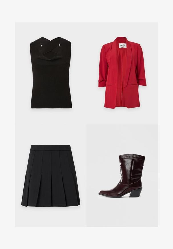 Blazer rojo hecho de tela lisa, con cuello tipo chal, mangas tres cuartos y detalles de bolsillos delanteros. Diseño minimalista.; Top sin mangas negro de canalé con un escote profundo y tirantes en forma de cruz. Textura suave y silueta ajustada.; Falda negra plisada hecha de un material liso. Cuenta con una cinturilla ancha y múltiples pliegues tipo cuchillo que se extienden verticalmente.; Botines de cuero burdeos con punta afilada, superficie texturizada y tacón bajo cónico. Presentan costuras sutiles y un ajuste ceñido.