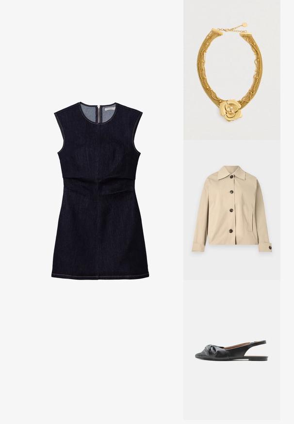 Veste beige en coton, dotée d'un col classique, de boutons à l'avant et de poches latérales ; texture lisse et design structuré.; Robe sans manches en denim foncé avec un corsage ajusté et une jupe évasée. Présente une fermeture à glissière dans le dos et de simples détails de couture.; Chaussure plate slingback en cuir noir avec un détail de noeud torsadé sur les orteils et un petit talon, vue de profil tournée vers la gauche.; Collier doré avec un design de chaînes superposées et un grand pendentif en forme de fleur avec des pétales texturés et des accents en perles.