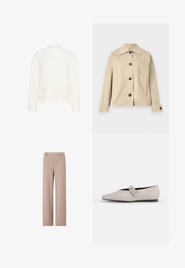 Veste beige en coton, dotée d'un col classique, de boutons à l'avant et de poches latérales ; texture lisse et design structuré.; Kaffe KADOLLY - Pullover - chalk; Pantalon beige taille haute à jambes larges, avec passants de ceinture, plis devant et fermeture avant dissimulée.; Chaussure plate en cuir beige avec un bout pointu, un accent de boucle sur le côté et une semelle noire basse. Texture lisse et design minimaliste.