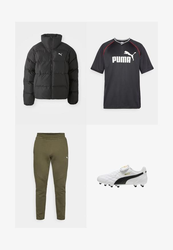 Sort pustjakke med høj krave, der har syede paneler og en frontlynlås. Bemærkelsesværdig hvid Puma-logo på venstre brystområde.; Sort Puma sportstrøje med korte ærmer, hvidt logo, røde detaljer langs skuldrene og v-udskæring. Fremstillet af letvægtsmateriale.; Olivengrønne sweatpants med en tætsiddende pasform, elastisk talje og et lille hvidt logo på venstre side. Blødt stof med en glat overflade.; Hvid fodboldstøvle med sort stribe, støbte knopper, snørebånd og en velcro-tungeklap med gyldne logoer.