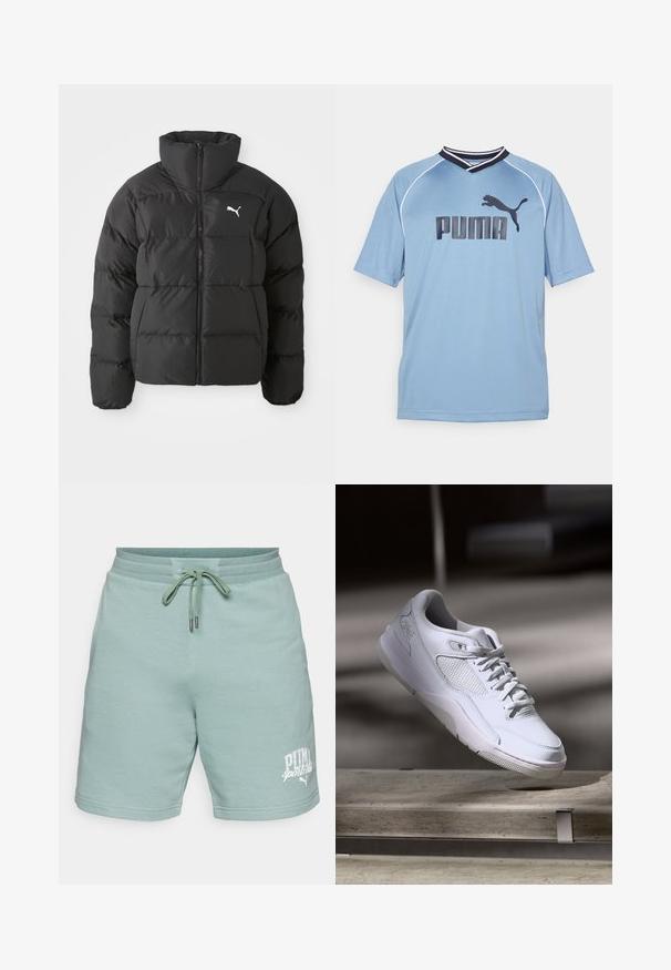 Čierna prešívaná bunda s vysokým golierom, so šitými panelmi a predným zipsom. Výrazné biele logo Puma na ľavej strane hrude.; Svetlomodrá športová košeľa s krátkymi rukávmi, V-výstrihom, s čiernym logom Puma a bielymi akcentmi na golieri a rukávoch.; Svetlozelené bavlnené šortky s elastickým pásom a šnúrkou. Na dolnej ľavej strane je biely logotyp "PUMA sports club". Hladká textúra.; Biele atlétske tenisky s tkaničkami visia nad betónovou lavicou v slabo osvetlenej interiérovej atmosfére.