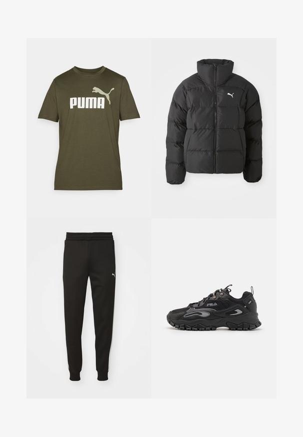 Čierna prešívaná bunda s vysokým golierom, so šitými panelmi a predným zipsom. Výrazné biele logo Puma na ľavej strane hrude.; Olivovozelené bavlnené tričko s veľkým bielym logom "PUMA" a grafikou skáčúceho pumy na ľavom ramene. Krátke rukávy, okrúhly výstrih.; Čierne športové nohavice so zúženým strihom, elastickým pásom, bočnými vreckami a bielymi postrannými pruhmi. Majú malé logo na ľavom stehne.; Čierne tenisky s vrchnou časťou z máčanej a syntetickej látky, gumovou podrážkou, zaoblenou špičkou a reflexnými akcentmi na stranách a šnúrkach.