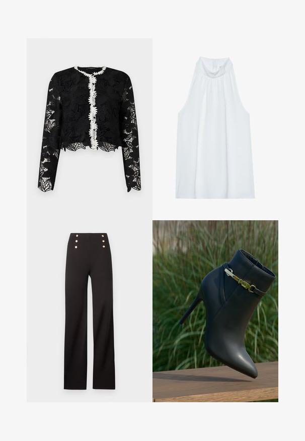Cardigan noir à manches longues en dentelle florale avec bordure blanche de fleurs le long du devant boutonné et ourlet et poignets festonnés.; Haut sans manches blanc avec un col montant, en tissu doux, présentant des détails froncés au niveau du col et une fermeture éclair dissimulée à l'arrière.; Pantalon noir taille haute à jambes larges avec six boutons décoratifs dorés disposés en deux rangées verticales près de la taille.; Bottine noire à talons hauts avec un bout pointu et un détail de boucle en or, exposée sur une surface en bois avec un arrière-plan de feuillage vert.