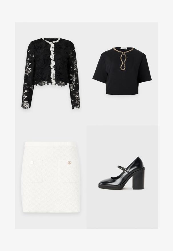 Sort langærmet blomstret blondecardigan med hvid blomsterkant langs den knapped front samt scallopet kant og manchetter.; Sort kortærmet cropped top med rund halsudskæring, der har et gyldent perlebesat loop-design midt foran.; Kort hvid nederdel med et tekstureret mønster, der har to forlommer og dekorative knapper i gyldent metal. Elastisk talje for komfort.; Sorte patentlæder høje hæle med rund tå, ankelrem, detalje med sølvspænde og en kraftig blokhæl.