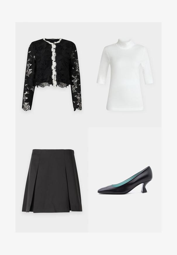 Sort langærmet blomstret blondecardigan med hvid blomsterkant langs den knapped front samt scallopet kant og manchetter.; Hvid rippet top med halvlange ærmer og rullekrave med en figursyet pasform, vist på en neutral grå baggrund.; Sorth plisseret nederdel med en glat tekstur, skræddersyet form og en lige talje. Designet uden lukninger for en ren silhuet.; Sort læder pumps med spids tå, lav unikt formet blokhæl og lyseblåt indre for, vist mod en ensfarvet hvid baggrund.