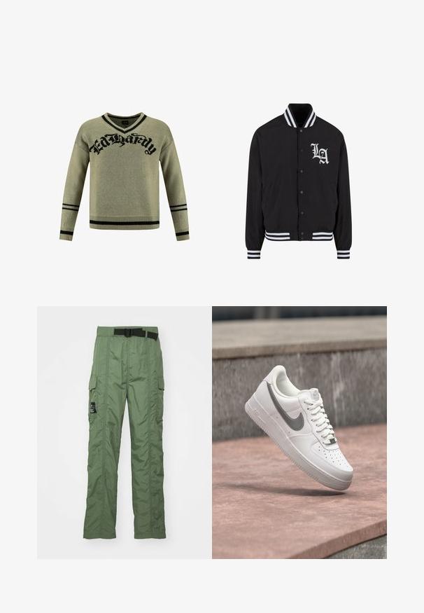 Sort bomberjakke med hvidt LA-logo, stribet krave og ærmekanter, trykknaplukning, to sidelommer og glat stoftekstur.; Grøn strikket sweater med et sort grafisk "Ed Hardy" logo, V-hals design og sorte striber på manchetterne og kanten.; Cargo bukser i olivengrøn, lavet af let materiale. Har et sort bælte, cargo-lommer på siderne og syningsdetaljer.; Hvid Nike Air Force 1 sneaker med gråt swoosh-logo svævende over en stensurface og en grå stenvæg i baggrunden.