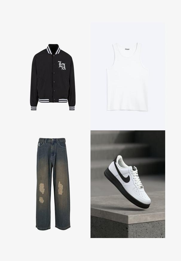Chaqueta bomber negra con logo blanco de LA, cuello y puños a rayas, cierre de botones a presión, dos bolsillos laterales y textura de tela suave.; Camiseta sin mangas blanca con cuello redondo y etiqueta de la marca Weekday en el interior del cuello trasero, mostrada plana sobre un fondo claro.; Jeans de denim azul desgastado con pierna ancha, que presentan parches desgastados y bordes deshilachados. Cierre de botón y cremallera de metal, con bolsillos delanteros.; Zapatilla deportiva de cuero blanco con detalles en negro, punta redondeada y detalles perforados. Suela de goma negra con patrón texturizado y cierre de cordones.