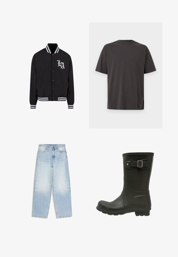 Zwarte bomberjack met wit LA-logo, gestreepte kraag en manchetten, drukknoopsluiting, twee zijzakken en een gladde stoftextuur.; Donkergrijs T-shirt met ronde hals van katoen, korte mouwen, een losse pasvorm en een klein logovlaggetje linksonder.; Lichtblauwe wijde jeans in verouderde denim. Voorzien van klassieke vijf-pocketstijl, een knoop- en ritssluiting en minimale stiksel details.; Zwarte rubberen regenlaars met een ronde neus, een gespband aan de bovenkant en een geprofileerde buitenzool voor grip.