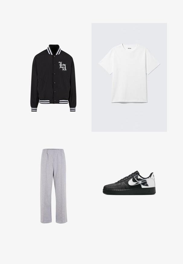 Chaqueta bomber negra con logo blanco de LA, cuello y puños a rayas, cierre de botones a presión, dos bolsillos laterales y textura de tela suave.; Camiseta blanca de manga corta con cuello redondo, colocada plana, diseño liso, con etiqueta "WEEKDAY" en el interior del cuello sobre un fondo claro.; Pantalones de chándal de algodón ligero en color gris, con cintura elástica, piernas rectas y costuras visibles. Sin bolsillos ni adornos.; Zapatilla negra de corte bajo con talón y panel lateral metálicos plateados, logo Nike blanco y suela de goma negra.