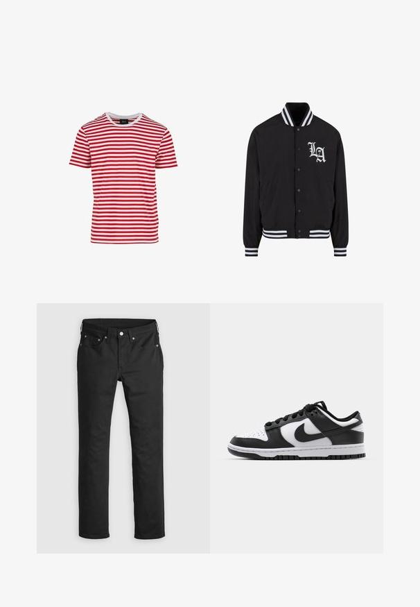 Sort bomberjakke med hvidt LA-logo, stribet krave og ærmekanter, trykknaplukning, to sidelommer og glat stoftekstur.; Rød- og hvidstribet kortærmet t-shirt med rund hals, lavet af stof med en glat tekstur. Har jævne vandrette striber.; Sorte denimbukser med lige ben, der har lynlås i gylpen, fem lommer og metalknapdetaljer. Glat tekstur.; Sort og hvid Nike Dunk sneakers med læderoverdel, perforeret tå, sorte snørebånd og en sort gummisål med slidbanedesign.