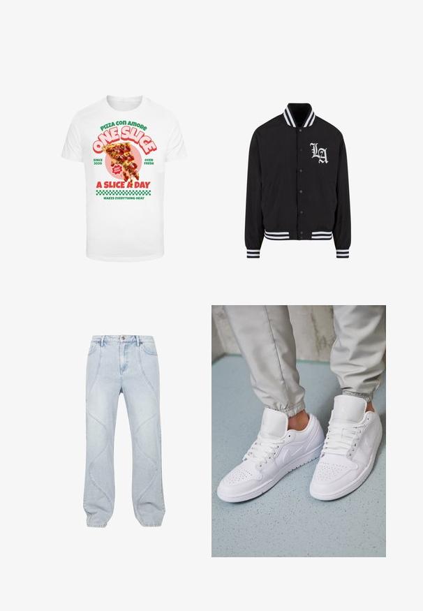 Zwarte bomberjack met wit LA-logo, gestreepte kraag en manchetten, drukknoopsluiting, twee zijzakken en een gladde stoftextuur.; Witte t-shirt met een grafische print van een pizzapunt met pepperoni, vergezeld van kleurrijke tekst en een geruit patroon aan de onderkant.; Lichtblauwe denim jeans met gebogen stikpatronen, een knoopsluiting en een relaxte pasvorm. De stof heeft een zachte textuur met een lichte vervaging.; Witte leren sneakers met een geperforeerde neus, platte veters, een gepolsterde kraag en het Jordan-logo op de tong. Gediend met grijze joggers.
