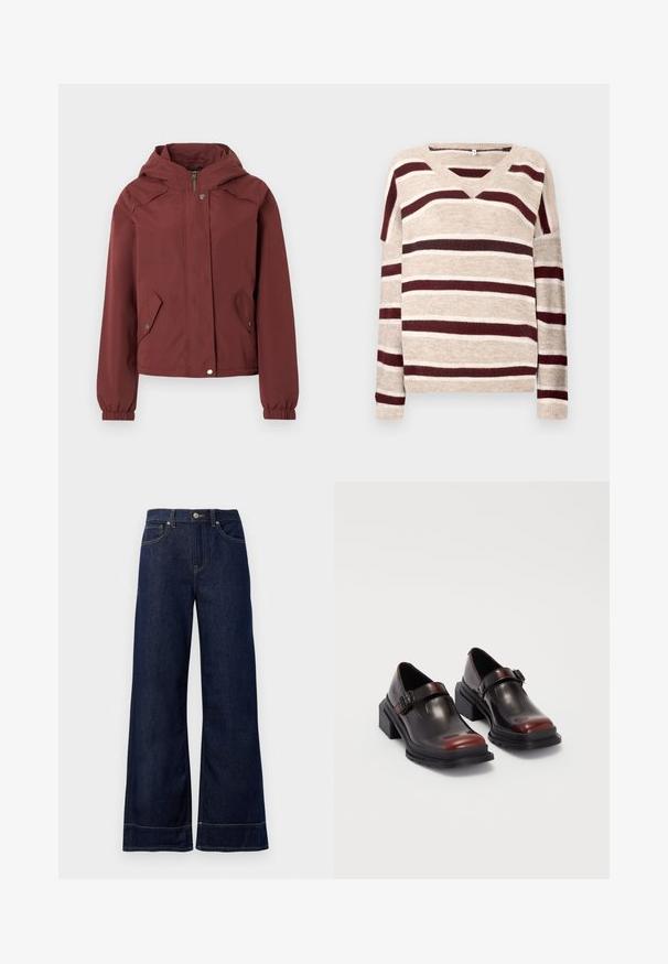Vinrød hættejakke med frontlynlås og trykknaplukning, to forlommer med klap og trykknapper samt elastiske manchetter.; V-hals sweater i beige med mørkerøde og cremefarvede striber. Har lange ærmer og ribkant. Blød tekstur og afslappet pasform.; Mørkeblå brede jeans lavet af denim. Har en knaplukning, stikninger og sidelommer. Udfoldet nederste kant.; Læder sko med blokhæl i en blank mørk burgunderrød finish, med en spænde rem og rund tå design. Struktureret ydersål for bedre greb.