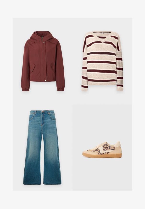 Vinrød hættejakke med frontlynlås og trykknaplukning, to forlommer med klap og trykknapper samt elastiske manchetter.; V-hals sweater i beige med mørkerøde og cremefarvede striber. Har lange ærmer og ribkant. Blød tekstur og afslappet pasform.; Højtaljede blå denimjeans med brede ben, frontlommer, knaplukning og en falmet farvegradient fra talje til kant.; Leopardprint sneakers med beige ruskindsoverdel, tan gummisål og hvide detaljer. Rund pegefinger og snørebåndsdesign med en tekstureret finish.