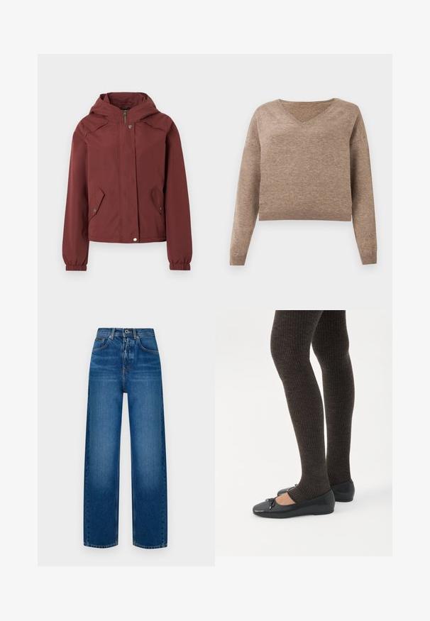 Bordeauxrode jas met capuchon, ritssluiting aan de voorkant en drukknoopsluiting, twee voorzakken met klep en drukknoop, en elastische manchetten.; Lichtbruin gebreid sweater met een V-hals, lange mouwen en geribbelde zoom. Zachte textuur met een iets korter ontwerp en geen zichtbare patronen.; Wijdvallende denim jeans in vervaagd blauw. Voorzien van een knoopsluiting, klassiek vijf-pocket ontwerp en een zachte, gestructureerde afwerking.; Benen met donkere geribbelde leggings gecombineerd met zwarte ballerina's met kleine strikdetails op een witte achtergrond.