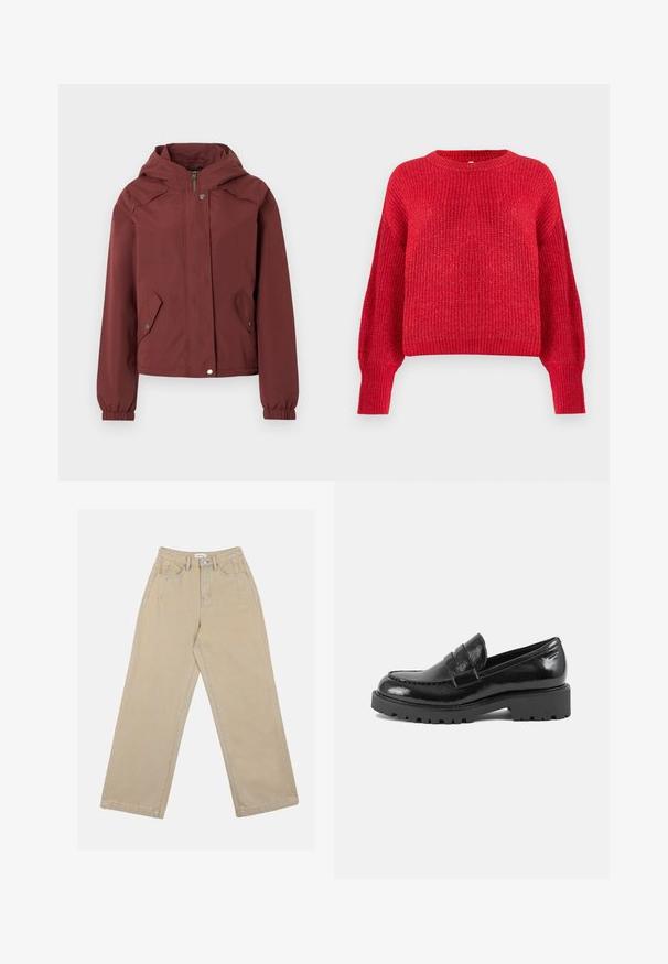 Veste à capuche marron avec fermeture éclair avant et boutons-pression, deux poches à rabat à l'avant avec boutons-pression, et poignets élastiques.; Pull rouge tricoté avec un col rond, des épaules tombantes, des poignets côtelés et un ourlet, présentant un motif texturé sur l'ensemble.; Pantalons larges beiges en denim, avec une taille haute, des poches avant et des coutures contrastées. Le design inclut un fermoir à boutons.; Mocassin en cuir verni noir avec un bout structuré, une sangle décorative sur le devant, et une semelle épaisse et robuste. Fini lisse et brillant.