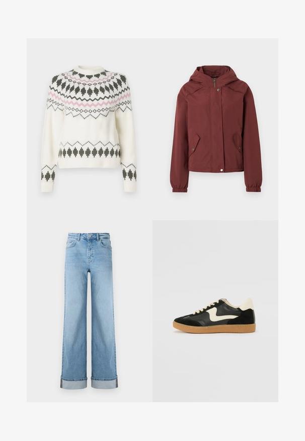 Veste à capuche marron avec fermeture éclair avant et boutons-pression, deux poches à rabat à l'avant avec boutons-pression, et poignets élastiques.; Pull en tricot blanc avec des motifs géométriques noirs et roses sur la poitrine, les manches et l'ourlet, présentant un col rond et des poignets côtelés.; Jean large bleu clair en denim classique avec une taille haute, présentant des ourlets retroussés et des coutures visibles.; Baskets en daim et cuir noir avec un swoosh latéral crème et un talon crème clair. Dotées de lacets beige et d'une semelle en caoutchouc gomme.