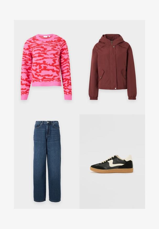Veste à capuche marron avec fermeture éclair avant et boutons-pression, deux poches à rabat à l'avant avec boutons-pression, et poignets élastiques.; Pull rose avec un motif abstrait rouge, col rond, manches longues et ourlet côtelé. Confectionné en tissu tricoté doux.; Jean en denim bleu foncé avec une coupe ample, un design à cinq poches et une fermeture à bouton avec des accents en métal le long des coutures latérales.; Baskets en daim et cuir noir avec un swoosh latéral crème et un talon crème clair. Dotées de lacets beige et d'une semelle en caoutchouc gomme.