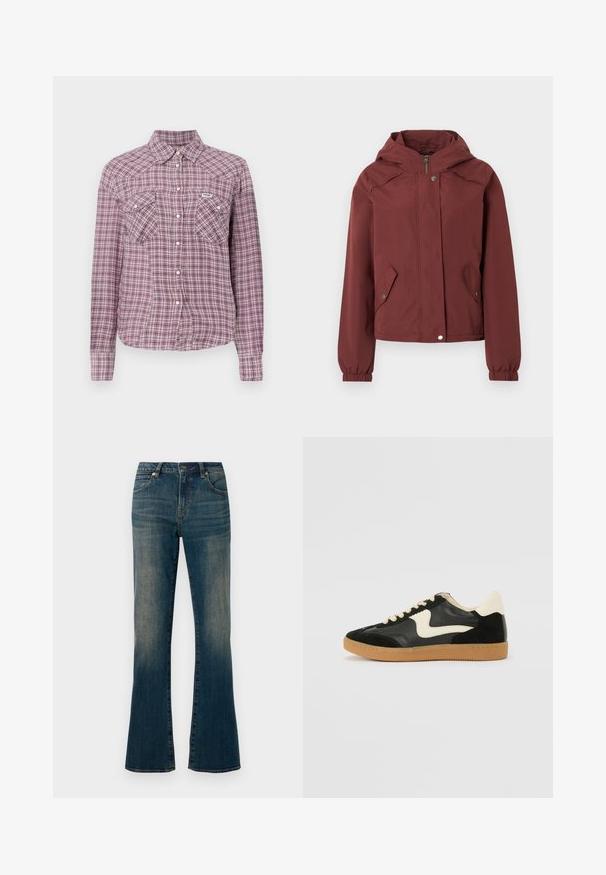 Bordeauxrode jas met capuchon, ritssluiting aan de voorkant en drukknoopsluiting, twee voorzakken met klep en drukknoop, en elastische manchetten.; Paarse en roze geruite button-up shirt met een kraag, twee borstzakken en lange mouwen. Gemaakt van stof met een geblokt patroon.; Uitlopende blauwe denim jeans met een licht vervaagde afwerking, vijf zakken, knoopsluiting en gestikte details langs de naden.; Zwarte suède en leren sneaker met een crèmekleurige zij-swoosh en lichte crèmekleurige hiel. Voorzien van beige veters en een gumrubberen zool.