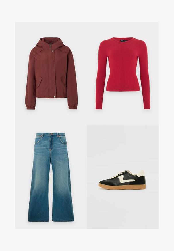 Chaqueta con capucha color granate con cierre frontal de cremallera y botones a presión, dos bolsillos delanteros con solapas y botones a presión, y puños elásticos.; Camiseta de manga larga roja con costillas y cuello redondeado. Hecha de tela suave, con silueta ajustada y detalles sutiles de textura. Etiqueta de la marca visible.; Jeans de mezclilla azul de tiro alto con perneras anchas, bolsillos frontales, cierre de botón y un degradado de color desgastado que va desde la cintura hasta el dobladillo.; Zapatillas de deporte de ante y cuero negro con un swoosh lateral en crema y un talón en crema claro. Presenta cordones beige y una suela de goma marrón.