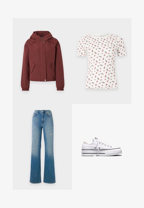 Chaqueta con capucha color granate con cierre frontal de cremallera y botones a presión, dos bolsillos delanteros con solapas y botones a presión, y puños elásticos.; Camiseta blanca de manga corta con tejido acanalado, pequeño estampado floral en rosa y verde, y escote redondo.; Jeans de mezclilla azul de talle alto con leve desgastes en los muslos, estilo de cinco bolsillos y diseño de pierna acampanada.; Zapatilla baja de lona blanca con cordones blancos, rayas negras en la suela y puntera de goma texturizada, vista lateral sobre fondo blanco.