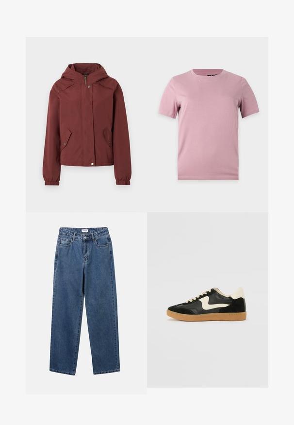 Bordeauxrote Kapuzenjacke mit vorderem Reißverschluss und Druckknopfverschluss, zwei vorderen Klappentaschen mit Druckknöpfen und elastischen Bündchen.; Schlichtes kurzärmeliges, weiches rosa Baumwoll-T-Shirt mit rundem Halsausschnitt, dargestellt auf einem flachen hellgrauen Hintergrund.; Klassische blaue Denim-Jeans mit geradem Bein, fünf Taschen und Knopfverschluss. Sie verfügen über eine mittelblau gewaschene Optik und sind aus robuster Textur.; Schwarze Wildleder- und Leder-Sneaker mit einem cremefarbenen Seiten-Swoosh und einer hellcremefarbenen Ferse. Ausgestattet mit beige Schnürsenkeln und einer Gummilaufsohle.