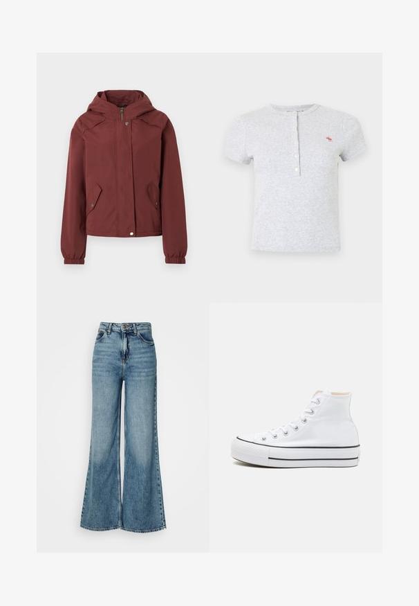 Veste à capuche marron avec fermeture éclair avant et boutons-pression, deux poches à rabat à l'avant avec boutons-pression, et poignets élastiques.; T-shirt gris à manches courtes en tissu doux, avec un col henley à cinq boutons et un petit logo rouge sur le côté gauche de la poitrine.; Jean en denim taille haute, bleu clair, à jambes larges, avec poches avant et fermeture à bouton, présenté sur un fond blanc uni.; Baskets montantes blanches en toile, semelle en caoutchouc noir et bande noire contrastante sur la semelle intermédiaire. Bout rond et design à lacets.