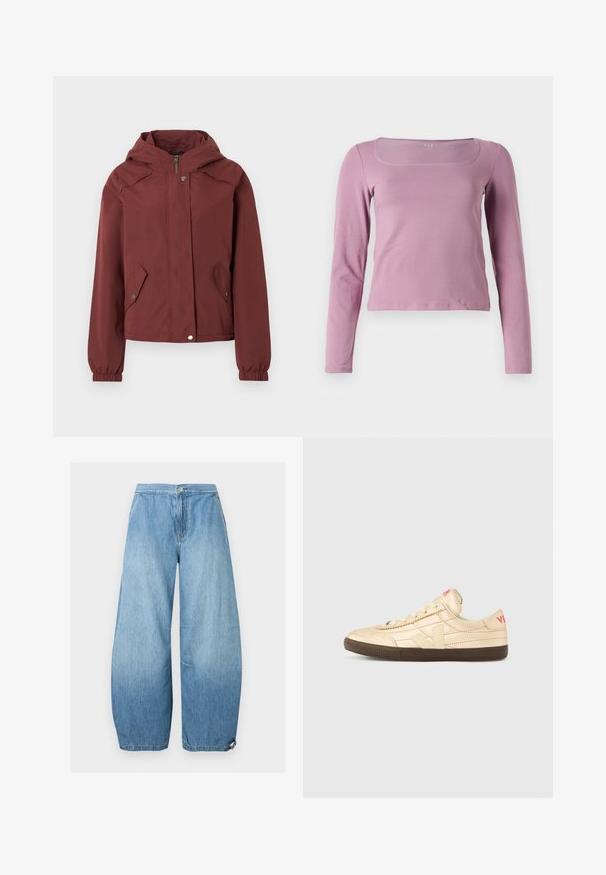 Veste à capuche marron avec fermeture éclair avant et boutons-pression, deux poches à rabat à l'avant avec boutons-pression, et poignets élastiques.; T-shirt à manches longues de couleur rose clair, avec un col carré, une coupe ajustée et un tissu lisse et extensible. Style simple et polyvalent.; Jean denim bleu clair à jambes larges avec poches avant, fermeture par bouton et ourlets réglables par cordon.; Baskets couleur crème avec une tige en cuir texturé, une semelle en caoutchouc marron, et un logo rouge bien visible au talon.