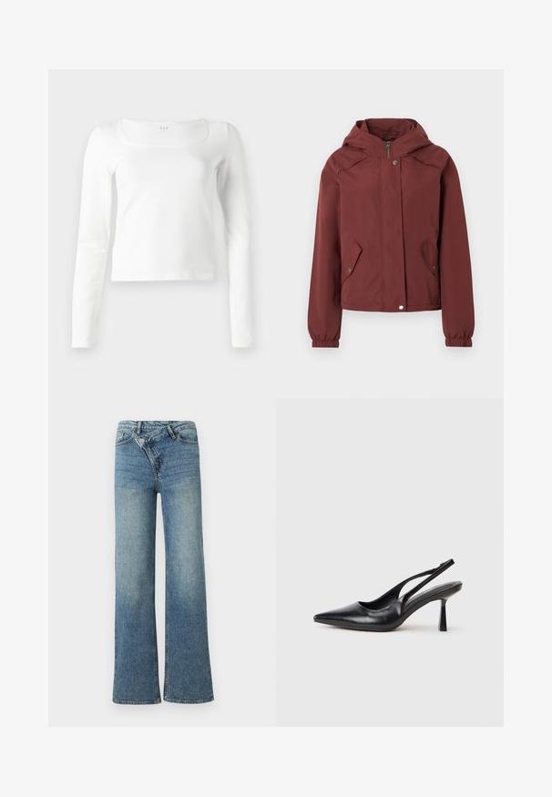 Veste à capuche marron avec fermeture éclair avant et boutons-pression, deux poches à rabat à l'avant avec boutons-pression, et poignets élastiques.; Haut ajusté à manches longues blanc avec un décolleté carré et une longueur légèrement raccourcie, présenté sur un fond blanc.; Jean en denim bleu clair à jambes larges avec une taille haute, un délavage clair et une fermeture à bouton à l'avant. Comprend cinq poches et des coutures minimales.; Chaussure à talon haut en cuir noir, à bride arrière, avec un bout pointu et un talon fin sur fond blanc.