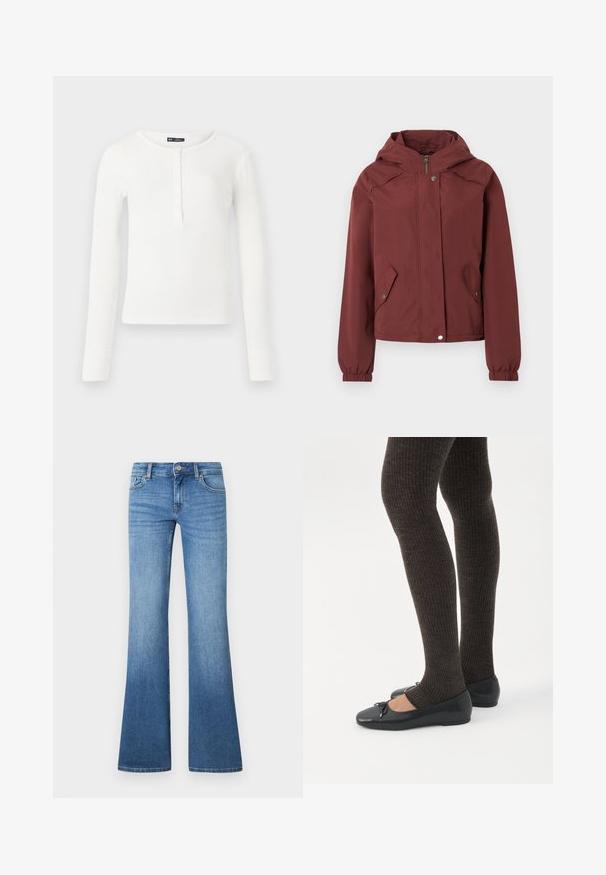 Veste à capuche marron avec fermeture éclair avant et boutons-pression, deux poches à rabat à l'avant avec boutons-pression, et poignets élastiques.; Haut henley à manches longues blanc en côtes, avec un col rond, une patte de boutonnage à l'avant et des poignets ajustés. Fabriqué en tissu doux et extensible.; Jean flare bleu clair en denim. Comprend un design à cinq poches, une fermeture par bouton métallique et un léger délavage près des genoux.; Jambes portant des leggings côtelés foncés associés à des ballerines noires avec de petits détails en nœud sur fond blanc.
