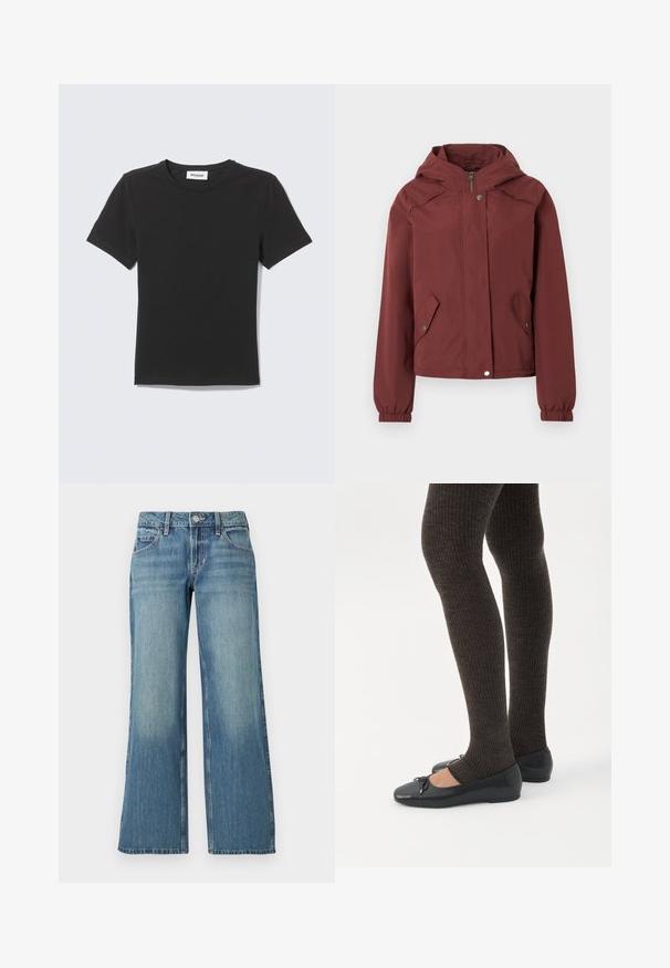 Veste à capuche marron avec fermeture éclair avant et boutons-pression, deux poches à rabat à l'avant avec boutons-pression, et poignets élastiques.; T-shirt noir à manches courtes col rond posé à plat avec une petite étiquette blanche à l'intérieur du col sur un fond clair.; Jean en denim bleu clair à coupe large, avec une taille mi-haute, des poches avant et un léger délavage, affichant une texture lisse.; Jambes portant des leggings côtelés foncés associés à des ballerines noires avec de petits détails en nœud sur fond blanc.