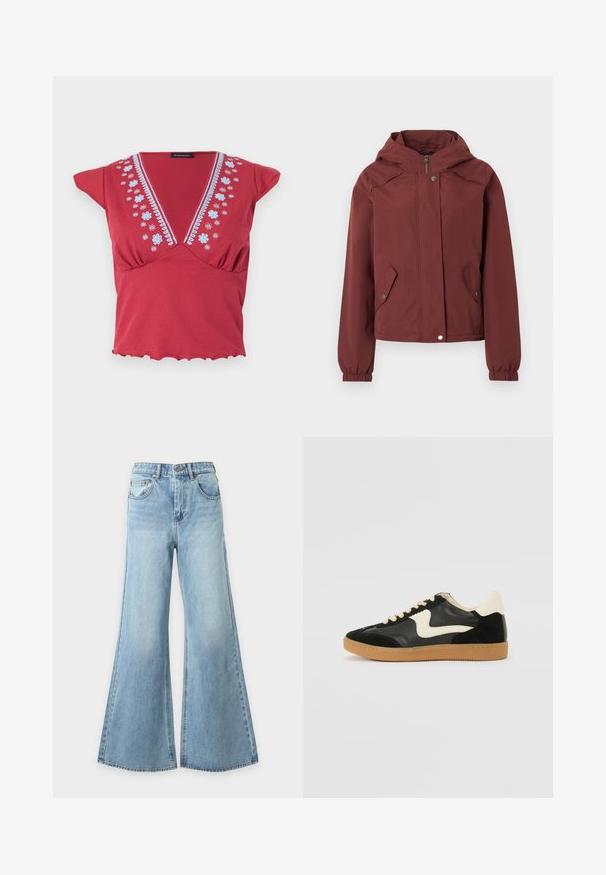 Veste à capuche marron avec fermeture éclair avant et boutons-pression, deux poches à rabat à l'avant avec boutons-pression, et poignets élastiques.; Haut rouge à manches courtes avec un col en V profond, broderie florale bleue le long du col et ourlet volanté sur fond blanc.; Jean bleu clair à jambes larges en denim avec fermeture à bouton et fermeture éclair à l'avant, passants de ceinture et poches avant, présenté sur un fond uni.; Baskets en daim et cuir noir avec un swoosh latéral crème et un talon crème clair. Dotées de lacets beige et d'une semelle en caoutchouc gomme.