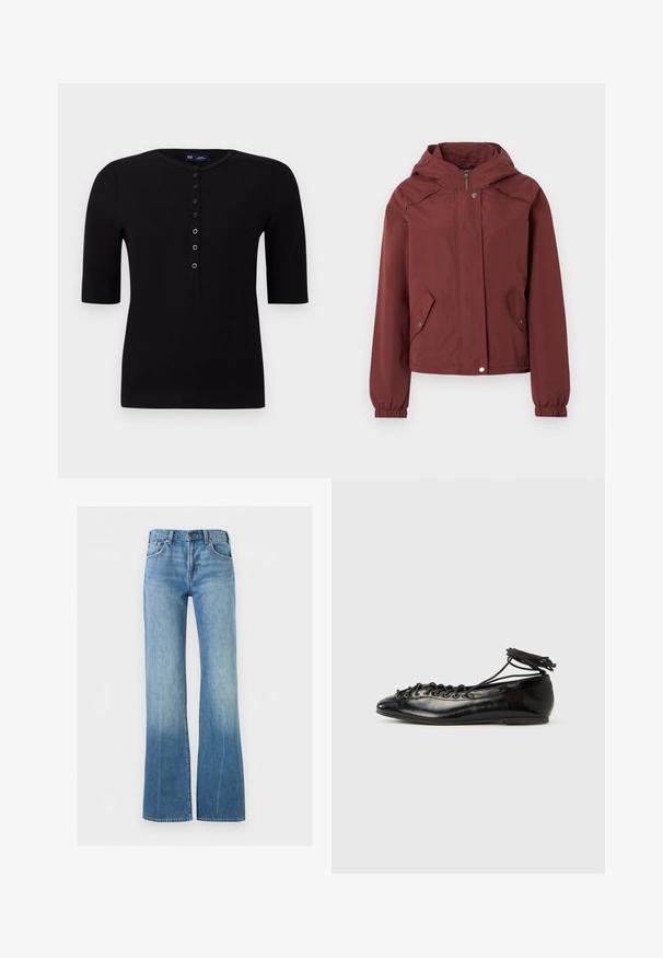 Chaqueta con capucha color granate con cierre frontal de cremallera y botones a presión, dos bolsillos delanteros con solapas y botones a presión, y puños elásticos.; Top negro de canalé de manga corta con cuello redondo y una fila de botones en el frente, con botones plateados y un corte ajustado.; Pantalones vaqueros de mezclilla azul claro con cintura alta y piernas acampanadas, con bolsillos delanteros y cierre de botón.; Zapatos planos tipo ballet de charol negro con punta redondeada, diseño con cordones y suela plana. Textura lisa con detalles mínimos.
